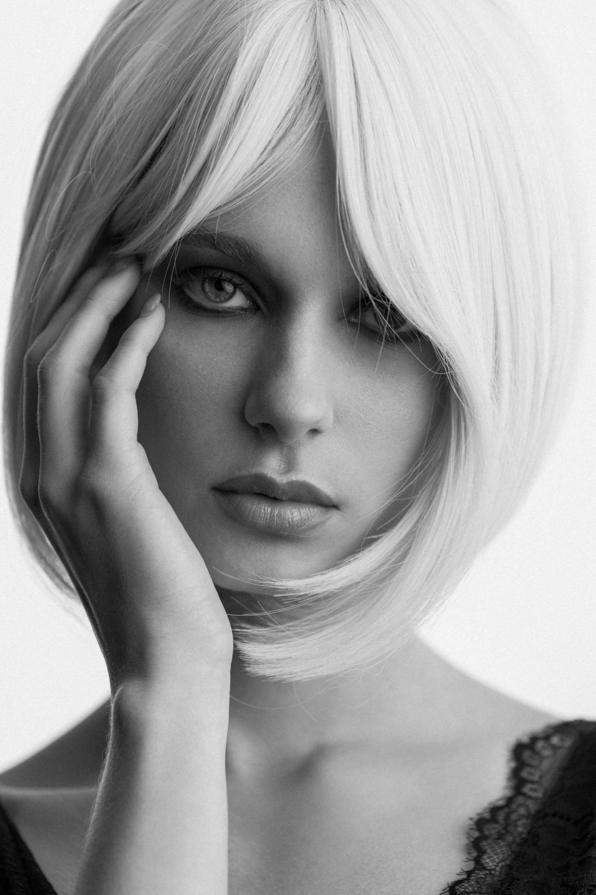 Black and white beauty portrait, platinum bob